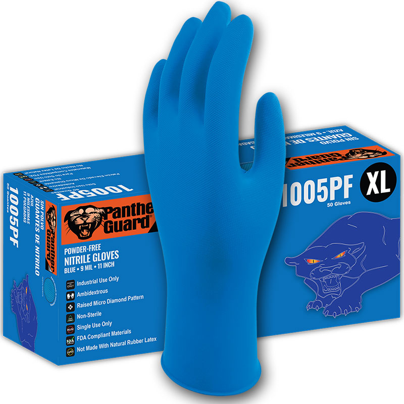 9 Mil Industrial Grade Blue Nitrile Gloves Powder-Free, 11 Inch Length. Large 50/Box
