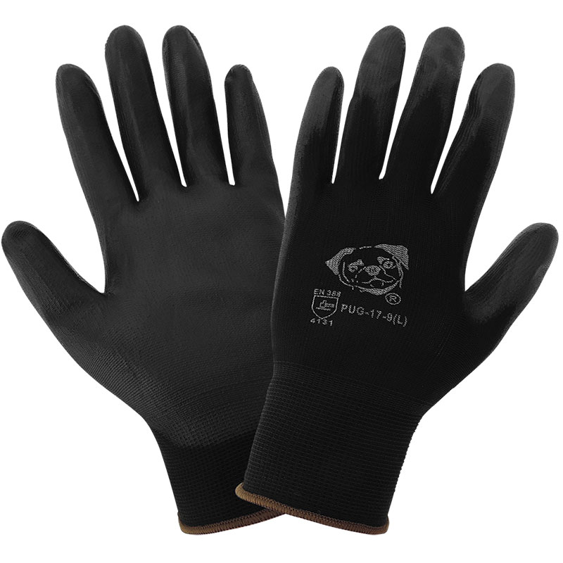 <strong>PUG17</strong> Gloves Black Nylon, Black Polyurethane Coated Palm.  <strong>Large.</strong> 12 Pair/Pkg