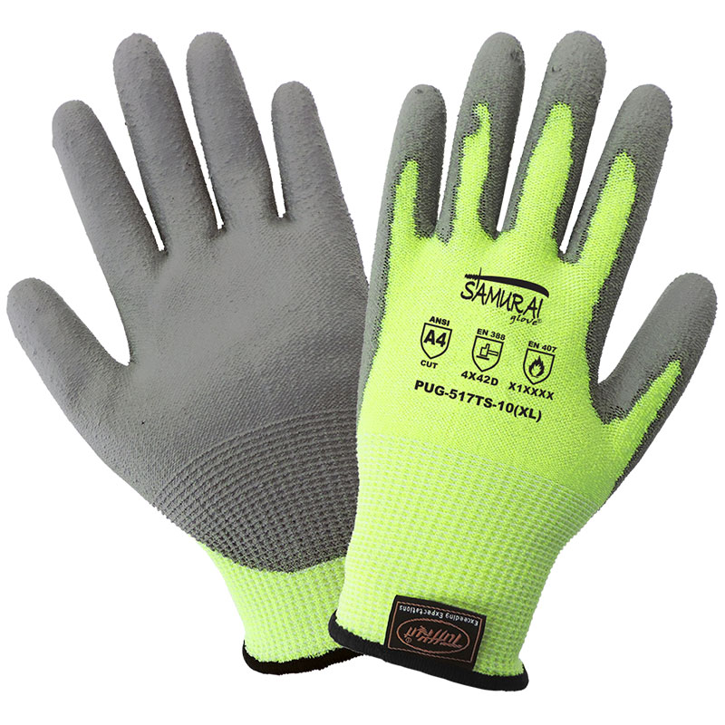 Samurai Gloves, Cut Resistant Liner With Gray Polyurethane Dipped Palm, 3 Touchscreen Responsive Fingertips, ANIS Cut Level A4, XL, 12 Pair/Pkg