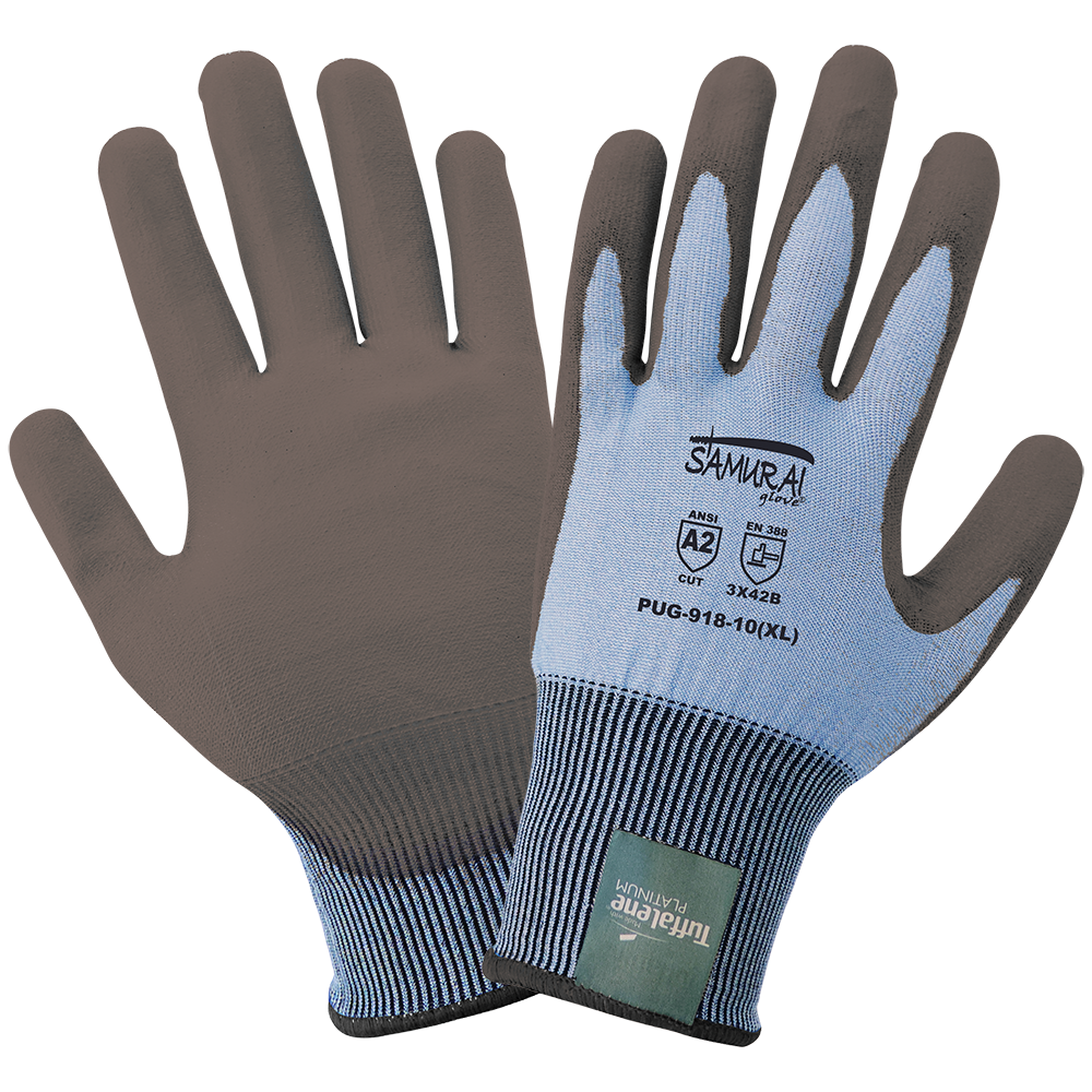 Samurai Gloves, Light Blue Tuffalene Platinum Brand UHMWPE Seamless Liner, Gray Polyurethane Palm Dipped, Cut Resistant, ANSI Cut Level A2, XL, 12 Pair/Pkg