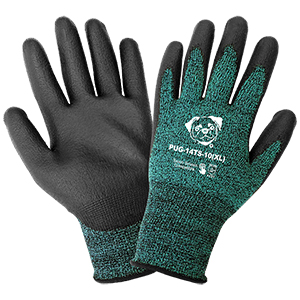 <strong>PUG14</strong> Green and Black Polyurethane / 13-Gauge <strong>Touch Screen Compatible Nylon Gloves.</strong> Large. 12/Pair/Pkg