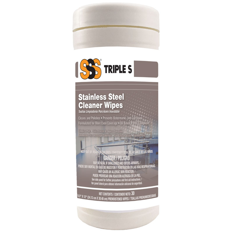 Triple S® Stainless Steel Cleaner Wipes, 30/Canister. 6/Cs.