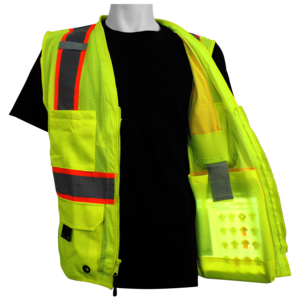 Reflective Class 2 Safety Surveyors Vest with Inside Ipad/tablet pocket. Hi-Vis Yellow with contrasting orange trim. Size L. 1/Ea