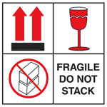 4" x 4" - "Fragile - Do Not Stack" Label (International). 500/Roll