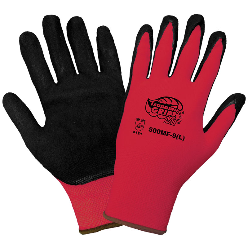 Tsunami Grip® Gloves 500MF Mach Finish on Red Nylon, Large, 12 Pair/Pkg