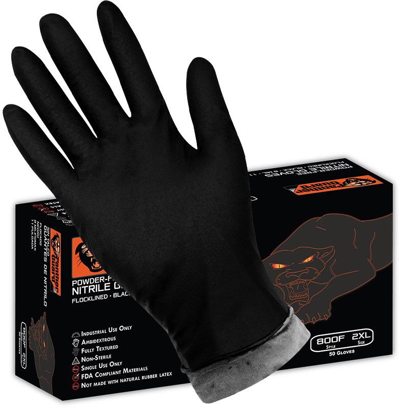 8 mil 11" Flocklined black nitrile Gloves. Large 50/Box, 10 Boxes/Cs