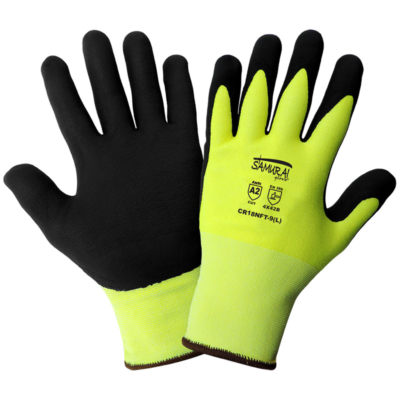 Samurai Gloves, High Visibility Tuffalene Brand, Palm Dipped NFT Nitrile, ANSI Cut Level A2, Small, 12 Pair/Pkg