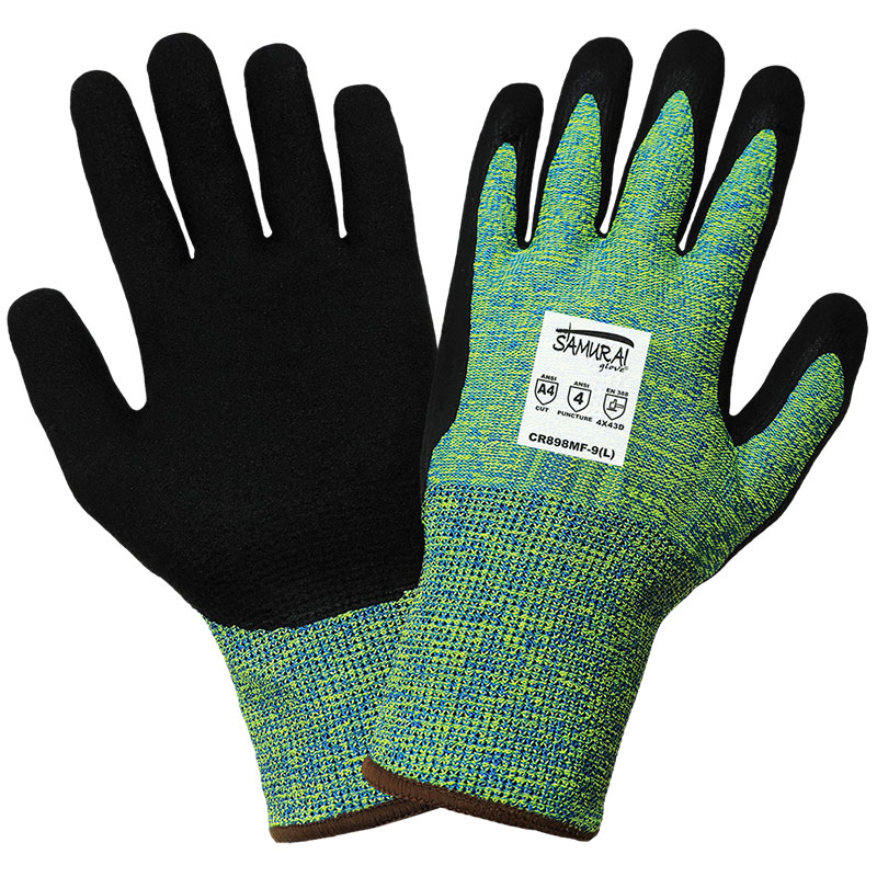 Samurai Gloves, Enhanced Seam Free High-Visibility Tuffalene Brand, Black Mach Finish Nitrile Dipped Palm, ANSI Cut Level A4, XS, 12 Pair/Pkg