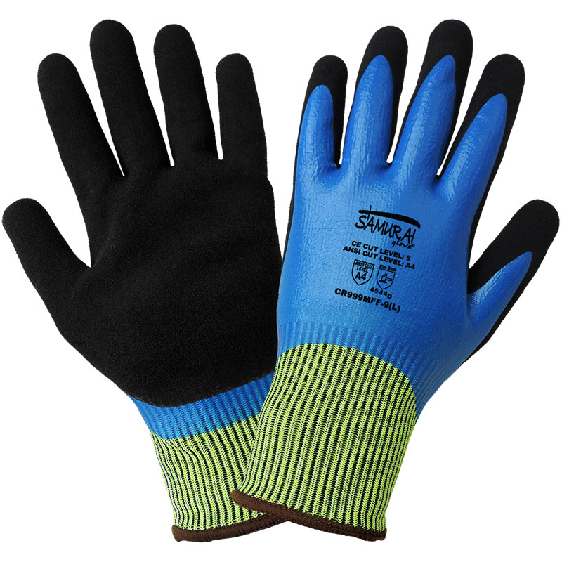 Samurai Gloves, Black Mach Nitrile Palm Coat + Blue Nitrile  Full Smooth Coat On 15 Gauge Tuffalene Brand Liner, ANSI Cut Level A4, Medium, 12 Pair/Pkg