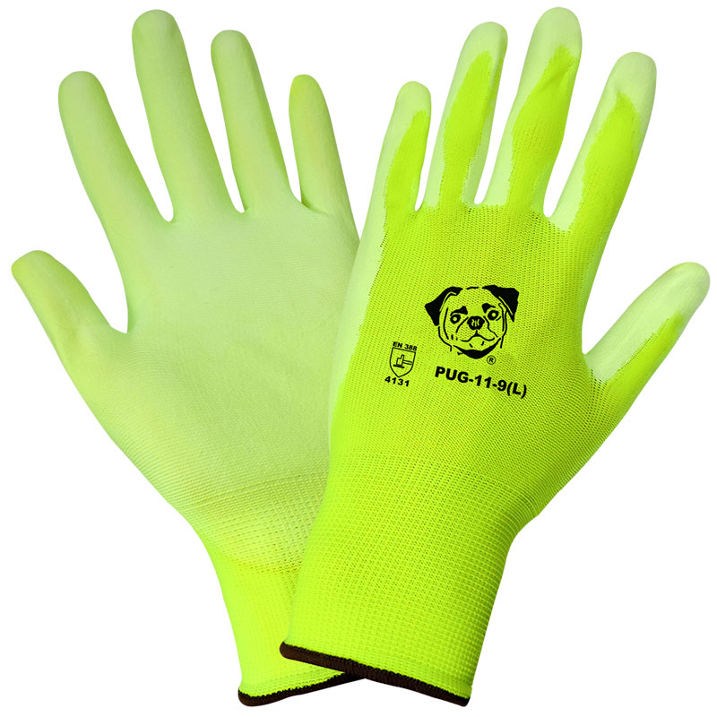 <strong>PUG11</strong> Polyurethane / 13-Gauge Neon Yellow Nylon Gloves, <strong>Large.</strong> 12/Pair/Pkg