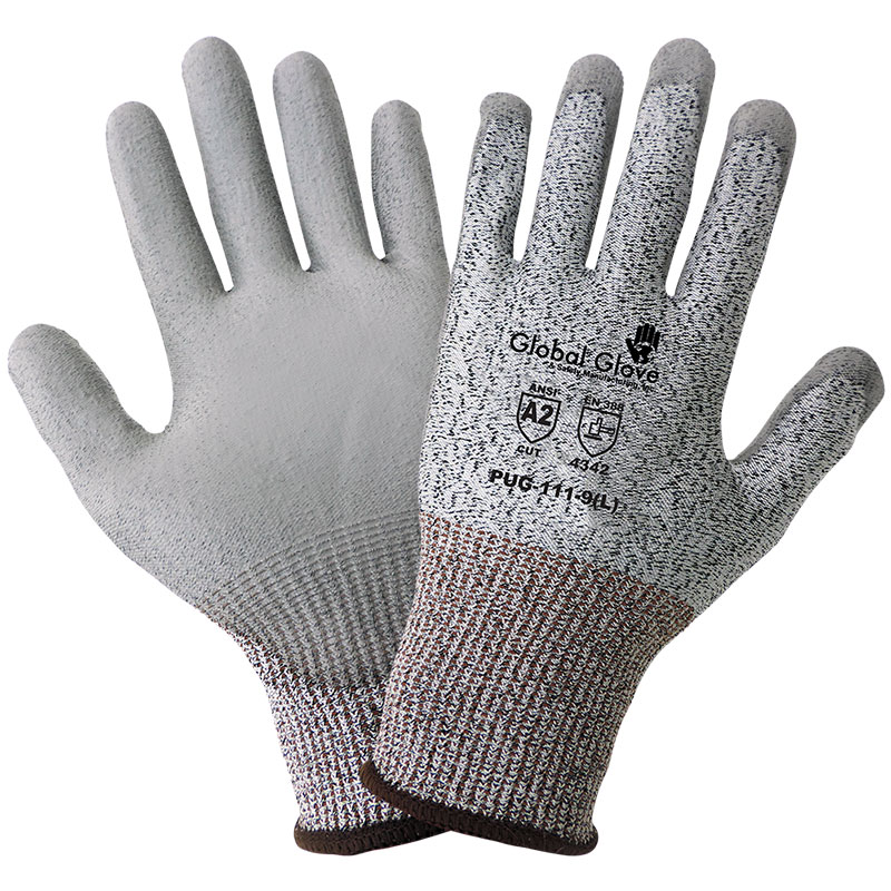 PUG111 Gloves, 13-Gauge Salt and Pepper HPPE Shell, Gray Polyurethane Dipped Palm, Knit Wrist, Cut Resistant ANSI Cut Level A2, Medium, 12 Pair/Pkg