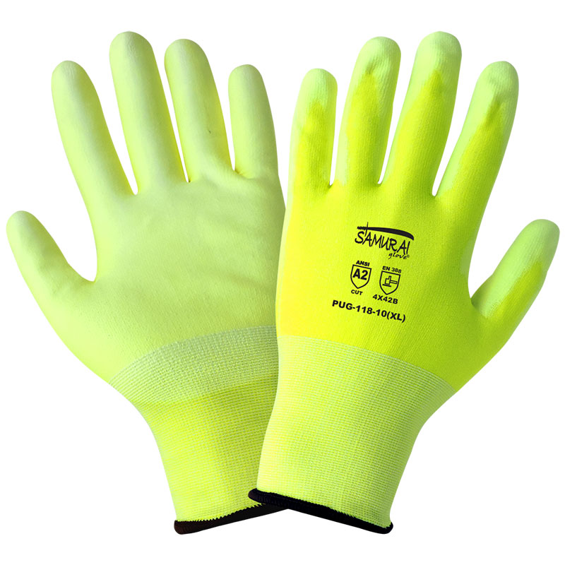 PUG118 Samurai Gloves, High Visibility, Tuffalene Brand UHMWPE, PU Dipped, Cut Resistant, ANSI Cut Level A2, XS, 12 Pair/Pkg