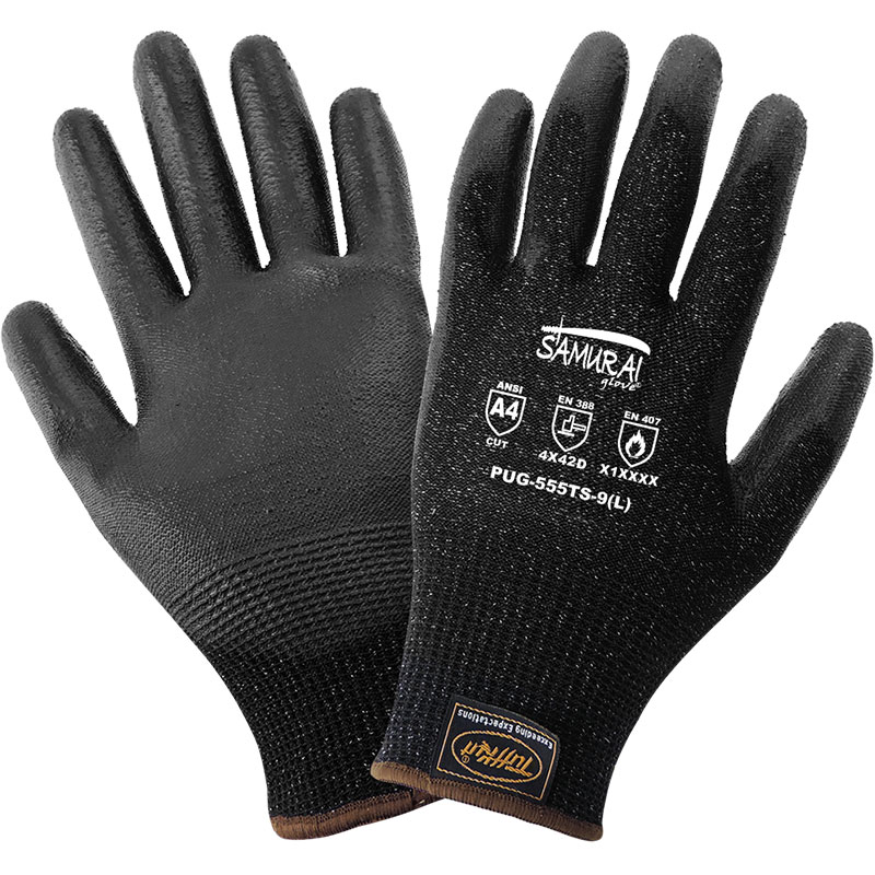 Samurai Gloves, Tuffkut Black Cut Resistant Liner With Black Polyurethane Dipped Palm, 3 Touchscreen Responsive Fingertips, ANSI Cut Level A4, Large 12 Pair/Pkg