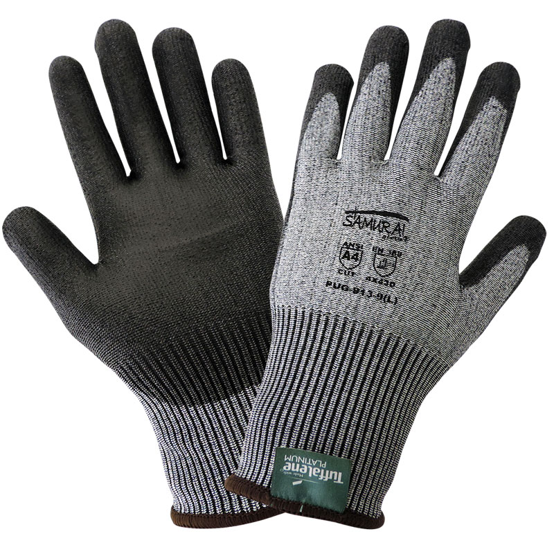 Samurai Gloves, Black Salt and Pepper Tuffalene Platinum Brand UHMWPE Seamless Liner, Black Polyurethane Palm Dipped, ANSI Cut Level A4, Medium 12 Pair/Pkg
