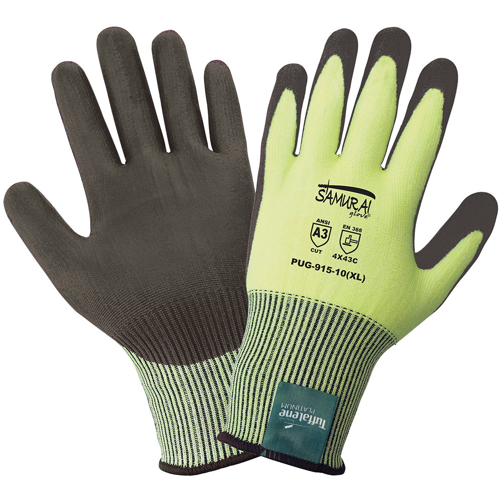 Samurai Gloves, High Visibility Neon Tuffalene Platinum Brand UHMWPE Seamless Liner, Black Polyurethane Palm Dipped, Cut Resistant, ANSI Cut Level A3, Large, 12 Pair/Pkg