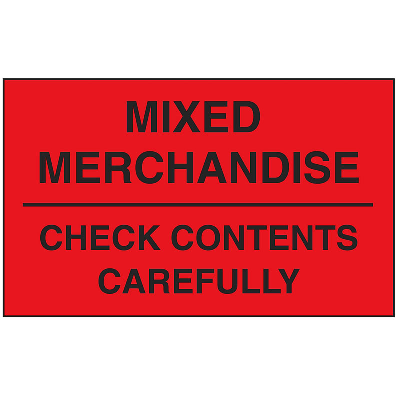 3" x 5" "Mixed Merchandise Check Contents Carefully" Labels. 500/roll