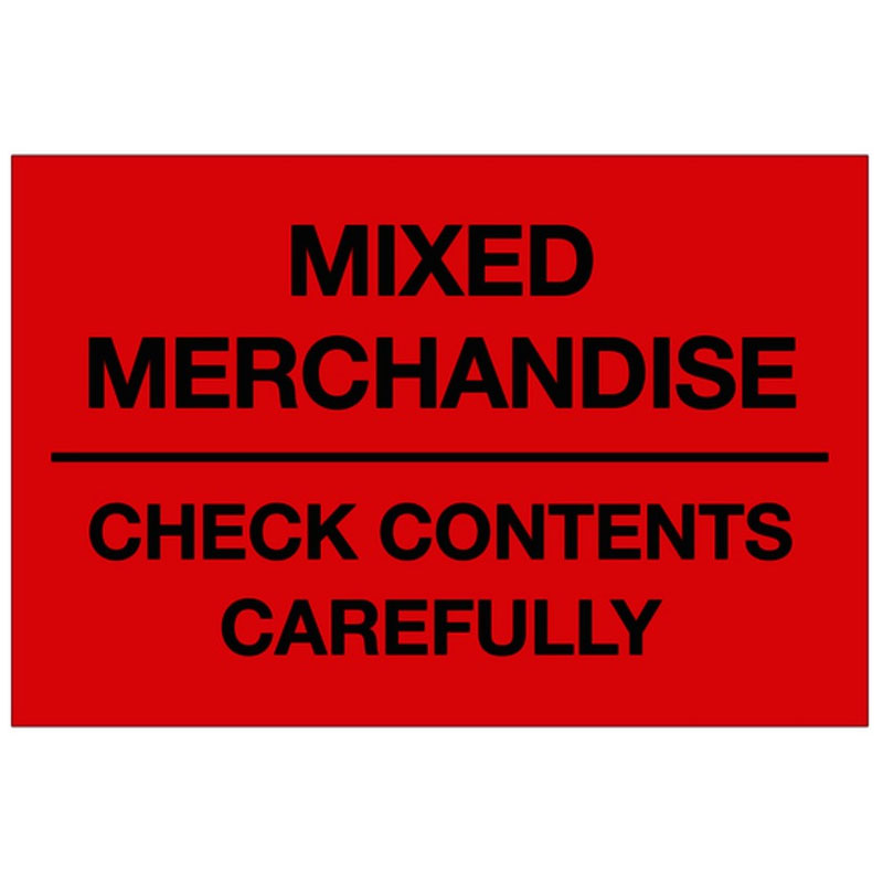 2" x 3" "Mixed Merchandise Check Contents Carefully" Labels. 500/roll