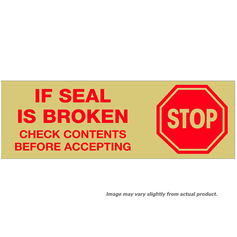 2" x 55 yds. Tan "Stop if Seal is Broken" with stop sign pre-printed tape. 36/cs