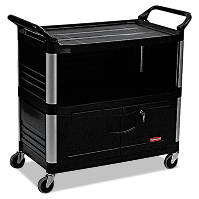 3-Shelf AV/Equipment Cart, Lockable Enclosed Shelf. Black. 1/Ea
