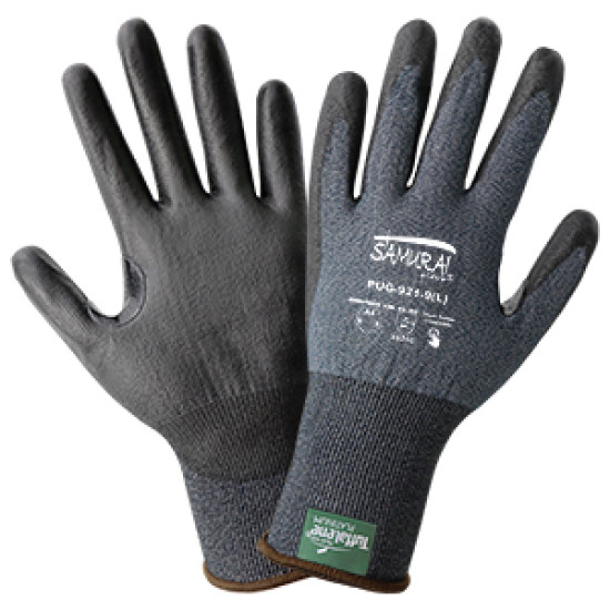 Samurai Gloves, Blue and White Tuffalene Platinum Shell UHMWPE Seamless Liner, Black Polyurethane Palm Dipped, ANSI Cut Level A4, Large 12 Pair/Pkg Samurai Gloves, Blue and White Tuffalene Platinum Shell UHMWPE Seamless Liner, Black Polyurethane Palm Dipped, ANSI Cut Level A4, Large 12 Pair/Pkg